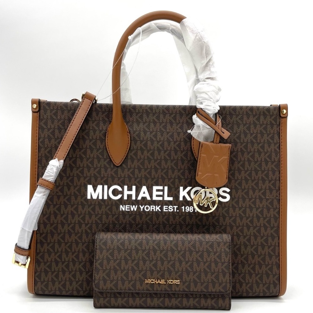 Michael Kors Mirella Medium EW Tote Bag & Trifold Wallet Brown - Picture 2 of 11